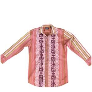 Indigo Palms Embroidered Button Down Shirt Mens LG Long Sleeve Striped Cotton